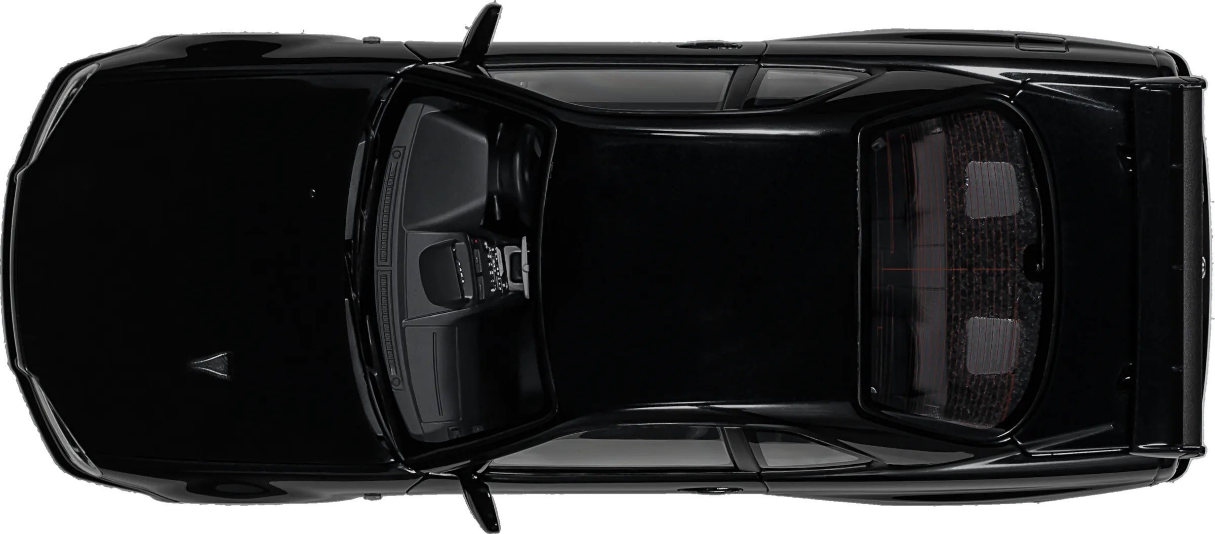 Black Nissan Skyline GT-R R34 scale model, top view